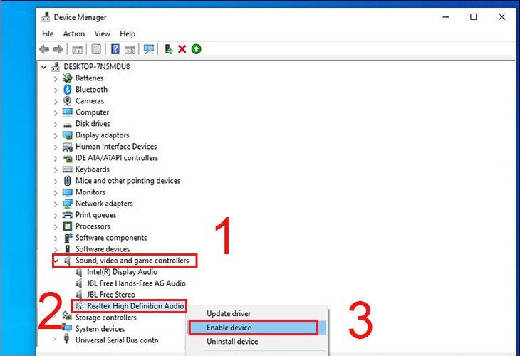 Bật thiết bị micro Realtek High Definition Audio trong Device Manager trên laptop Lenovo