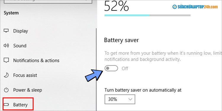 Bật tiết kiệm pin laptop qua công tắc trong cài đặt