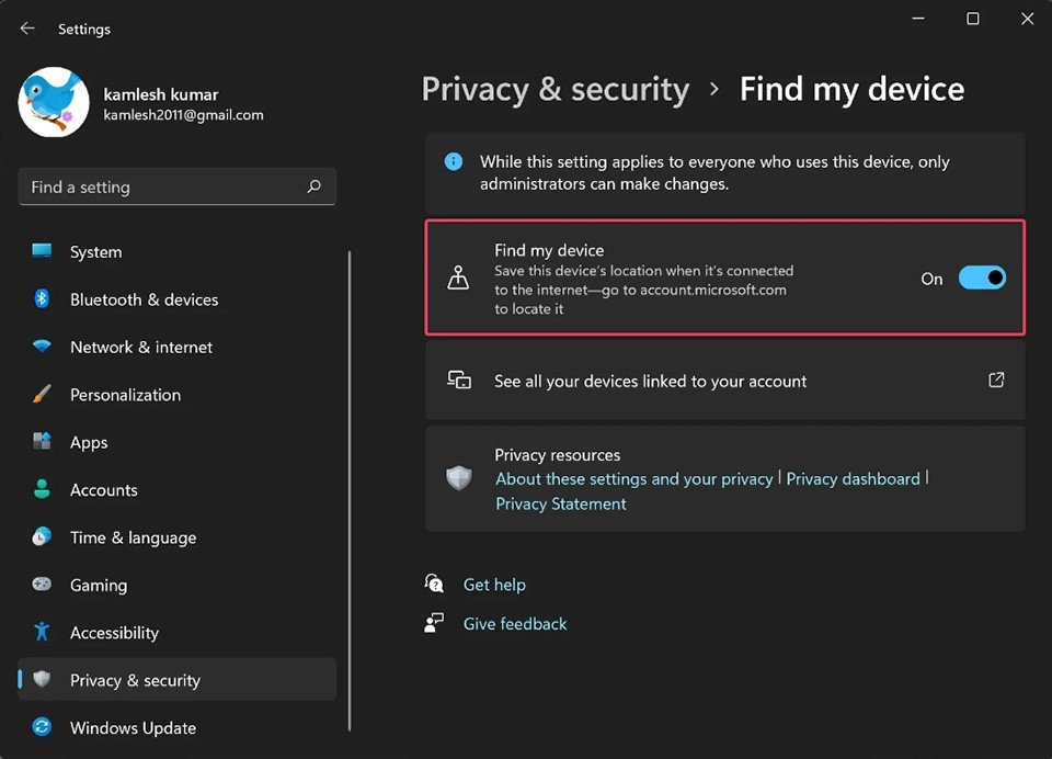 Bật tính năng Find My Device trên laptop Windows 11
