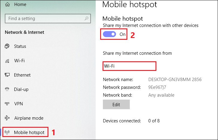 Bật tính năng Mobile Hotspot trong Settings để phát Wi-Fi từ laptop