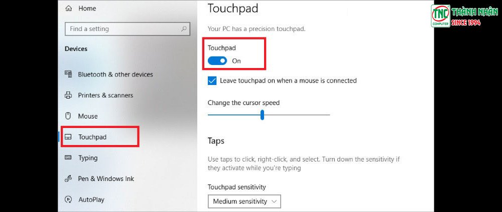 Bật Touchpad trong Settings của Windows