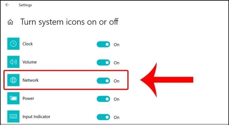 Bật trạng thái On cho biểu tượng Network để hiển thị WiFi trên Taskbar