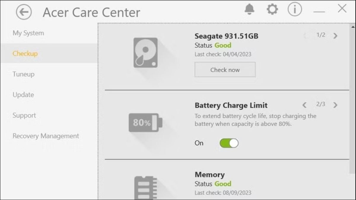 Bật tùy chọn Battery Charge Limit trong ứng dụng Acer Care Center