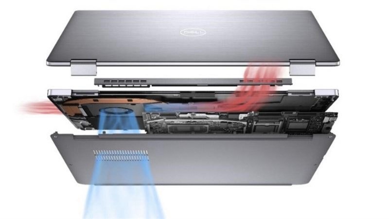 Bên trong một chiếc laptop Dell với các linh kiện phần cứng được sắp xếp gọn gàng