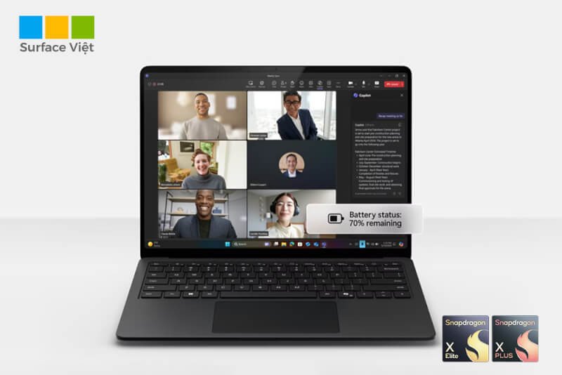 Biểu đồ hoặc hình ảnh tượng trưng về thời lượng pin ấn tượng của Surface Laptop 7, minh họa khả năng hoạt động bền bỉ suốt cả ngày, một giá trị cộng thêm cho giá Surface Laptop 7.