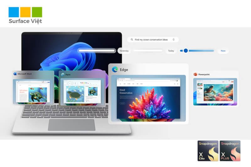 Biểu đồ so sánh hiệu suất vượt trội của **Surface Laptop 7** với chip Snapdragon X