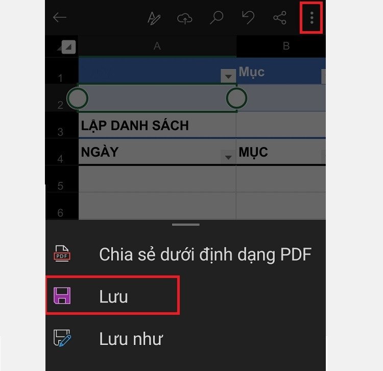 Biểu tượng ba chấm trên ứng dụng Excel di động để lưu file