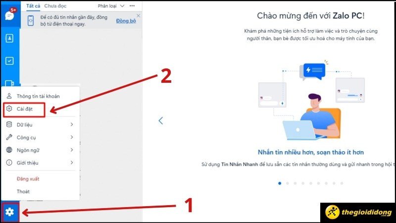 Biểu tượng cài đặt hình bánh răng trên giao diện ZaloPC để quản lý dữ liệu