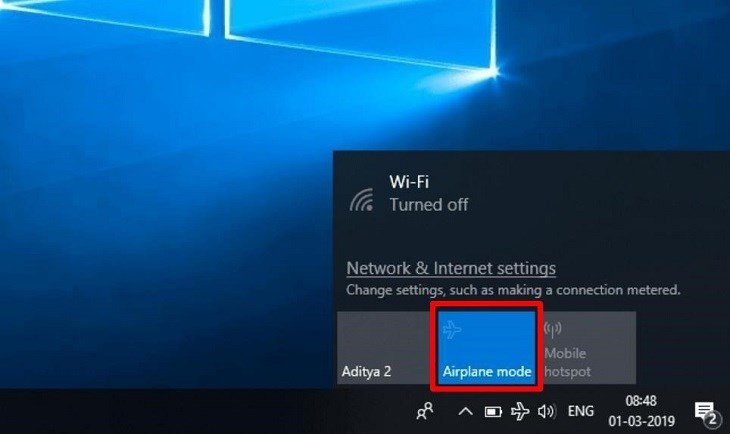 Biểu tượng chế độ máy bay trên Windows 10 đang bật, là nguyên nhân laptop không bắt được WiFi nhà