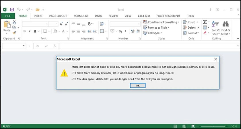 Biểu tượng Excel trên màn hình máy tính kèm thông báo lỗi không thể mở tệp