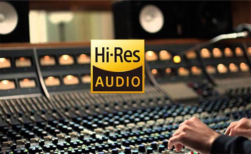 Biểu tượng Hi-Res Audio trên nền kỹ thuật số, thể hiện chất lượng âm thanh cao cấp