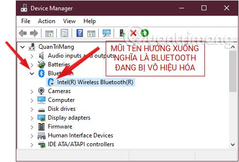 Biểu tượng mũi tên xuống cho thấy Bluetooth bị vô hiệu hóa trong Device Manager