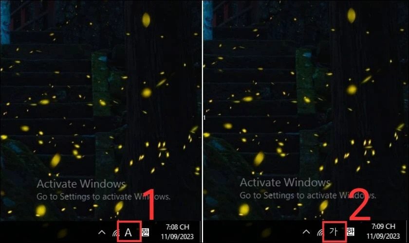Biểu tượng ngôn ngữ trên thanh Taskbar Windows sau khi đã chọn bàn phím tiếng Hàn, sẵn sàng để gõ tiếng Hàn.