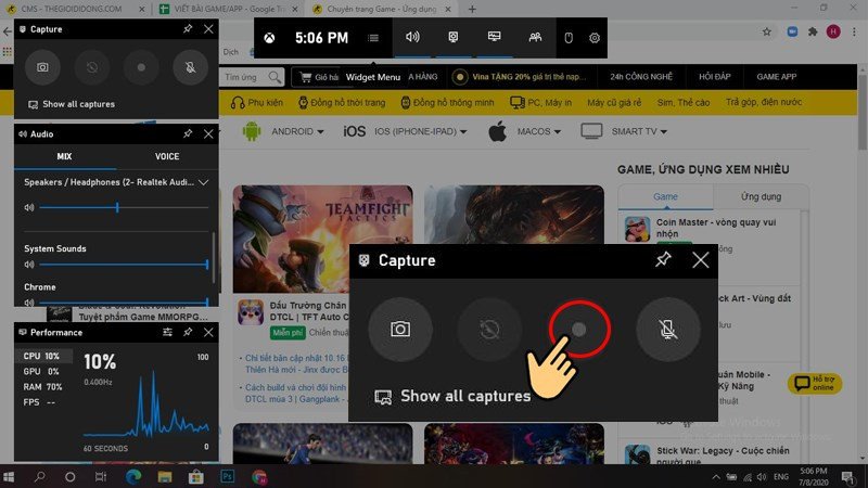 Biểu tượng nút Record để bắt đầu ghi video màn hình laptop bằng Xbox Game Bar