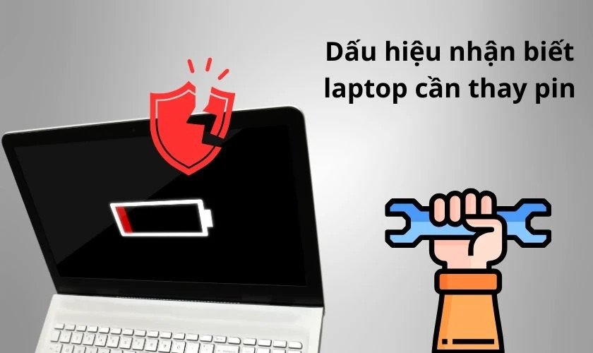 Biểu tượng pin trên màn hình laptop cảnh báo mức pin yếu, dấu hiệu pin chai hoặc cần thay thế