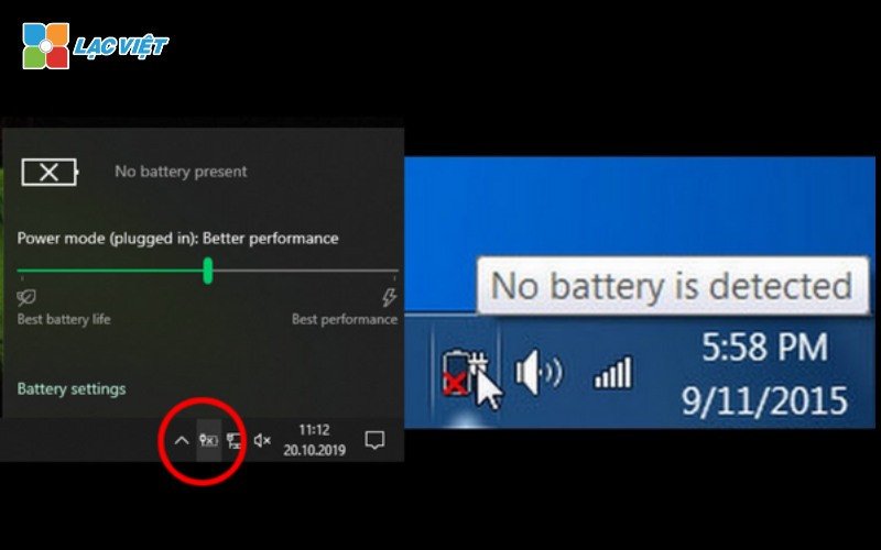 Biểu tượng pin với dấu gạch chéo màu đỏ trên thanh taskbar cho thấy lỗi pin