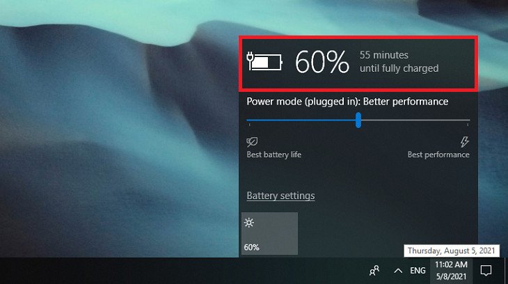 Biểu tượng pin với phần trăm hiển thị trên thanh Taskbar