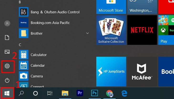 Biểu tượng Start và tùy chọn Settings trên hệ điều hành Windows