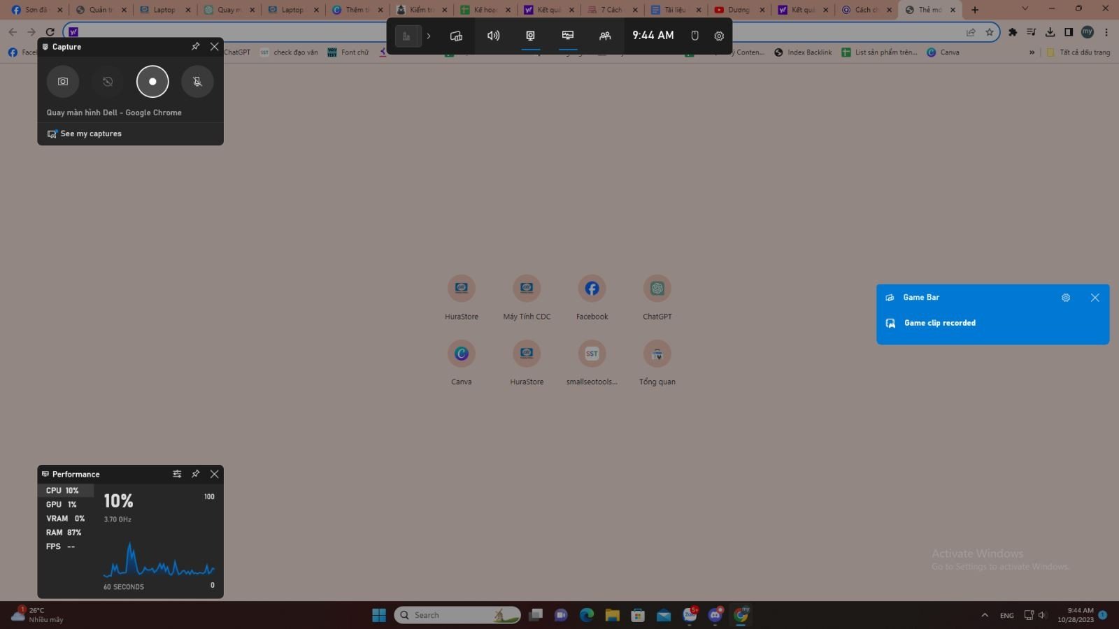 Biểu tượng "Stop Recording" trong Game Bar khi đang quay màn hình laptop Dell