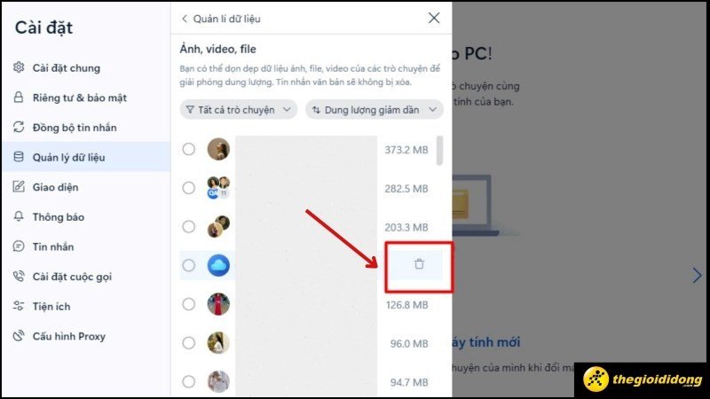 Biểu tượng thùng rác để xóa dữ liệu Zalo theo từng cuộc trò chuyện trên laptop