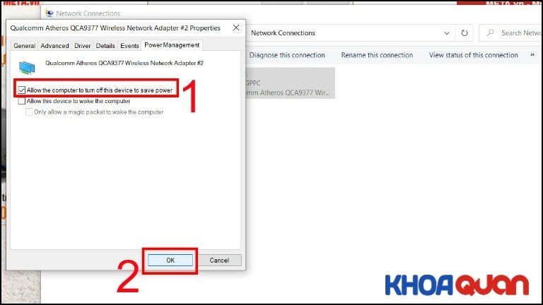 Bỏ chọn Allow the computer to turn off this device to save power để tránh laptop Dell bị mất wifi