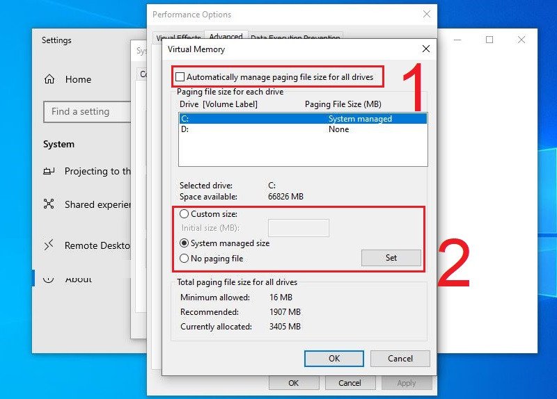 Bỏ chọn quản lý tự động kích thước Pagefile để tùy chỉnh cho laptop
