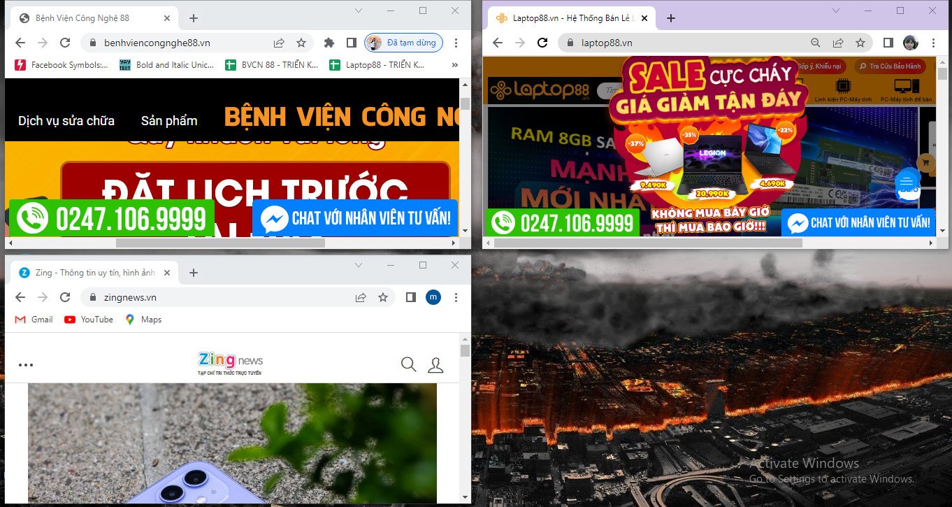 Bố cục nhiều cửa sổ được sắp xếp tự động trên màn hình laptop