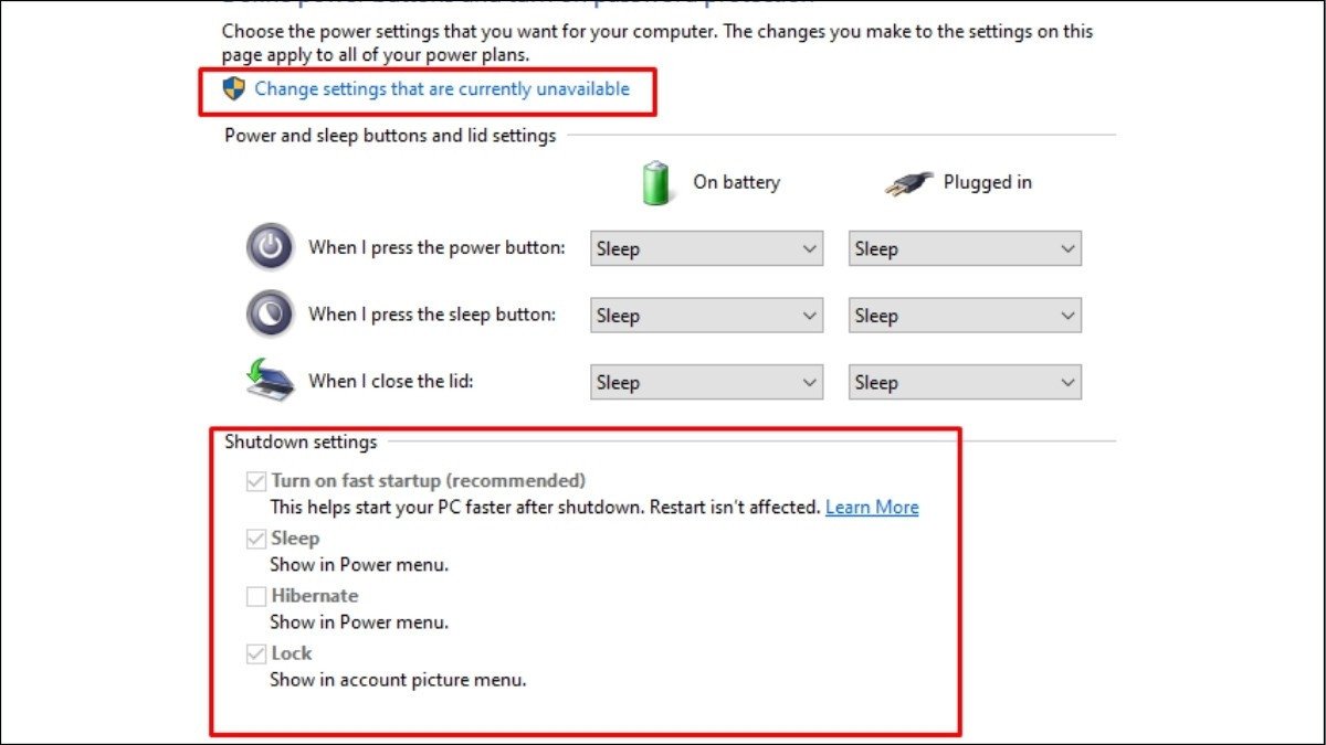 Bỏ tích chọn Turn on fast startup (recommended) để tắt Fast Startup
