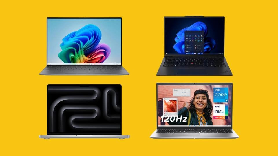 Bốn mẫu laptop tốt nhất cho làm việc tại nhà được xếp trên nền vàng, minh họa sự đa dạng lựa chọn cho công việc từ xa.