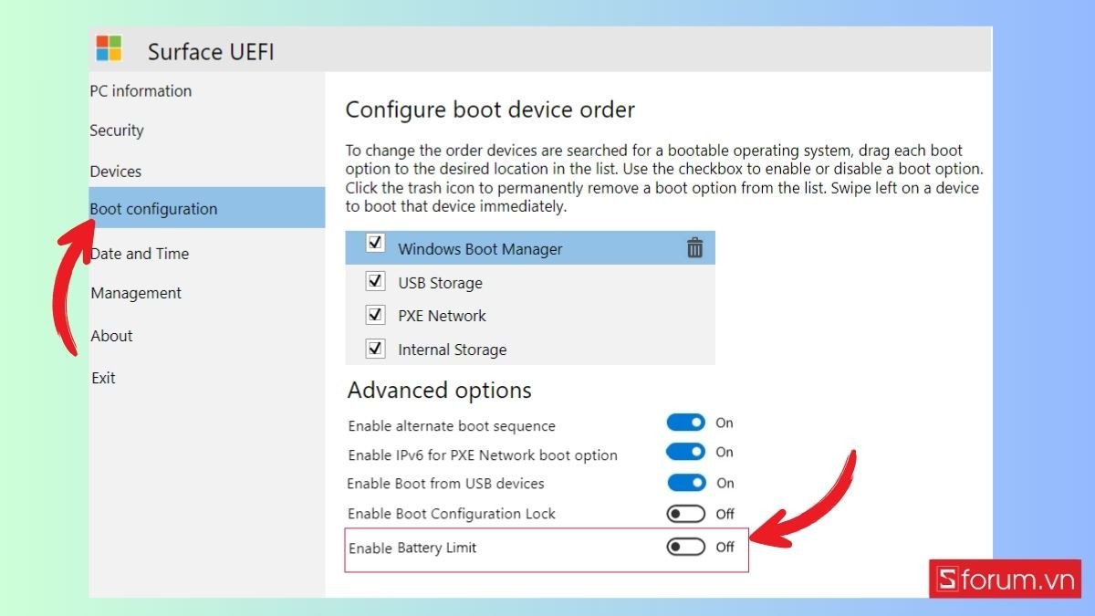Bước 1: Kích hoạt Battery Limit Mode trong UEFI của Microsoft Surface để giới hạn sạc pin Win 11