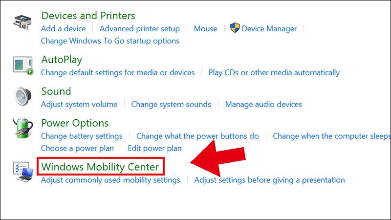 Bước 3: Tiếp tục chọn "Windows Mobility Center" để quản lý các thiết lập di động của laptop Lenovo.