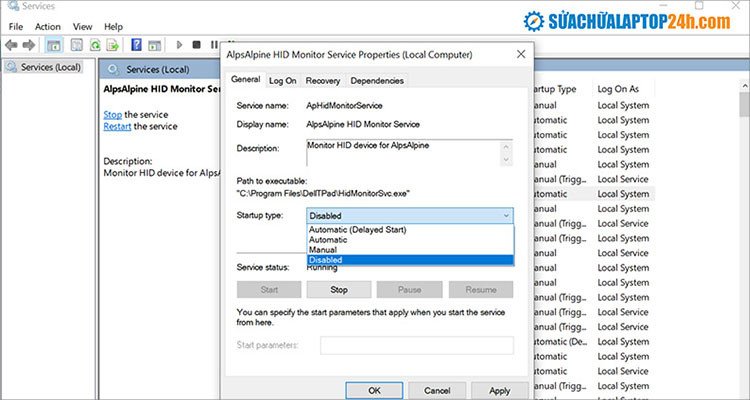 Bước thiết lập trạng thái khởi động của một dịch vụ Windows thành Disabled