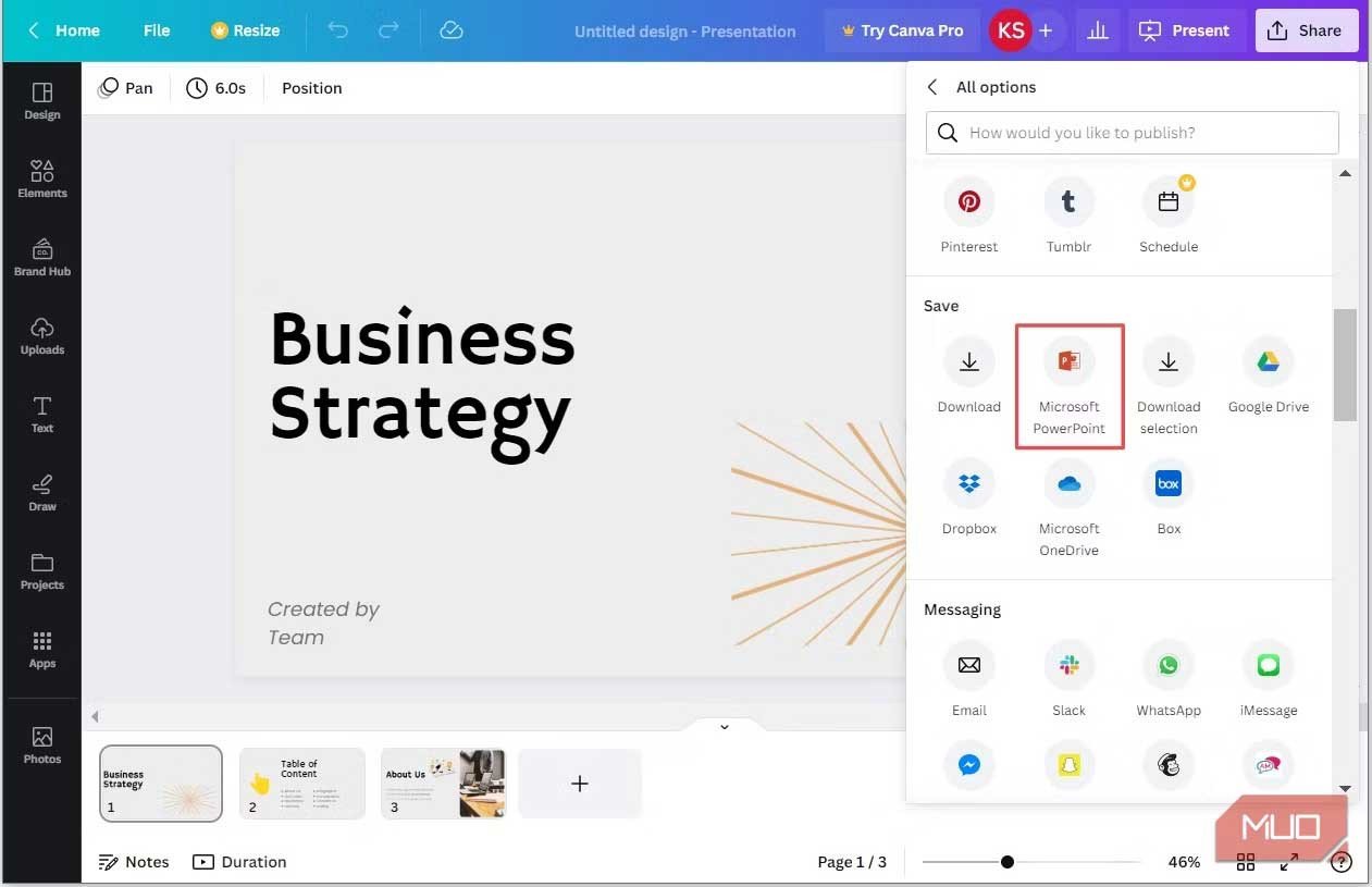 Các bước chọn Microsoft PowerPoint trong Canva