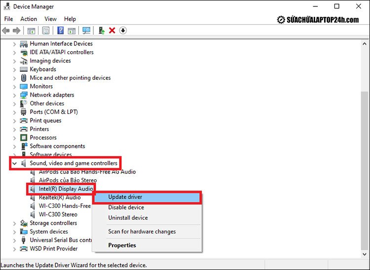 Các bước để cập nhật driver âm thanh giúp khắc phục lỗi mất tiếng loa ngoài trên laptop.