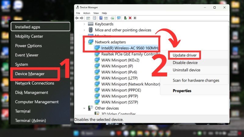 Các bước để cập nhật driver card mạng qua Device Manager