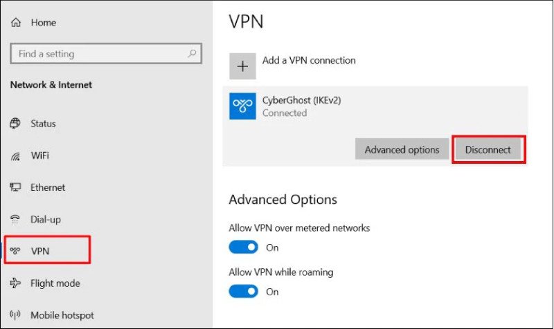 Các bước ngắt kết nối VPN trong cài đặt trên laptop chạy Windows