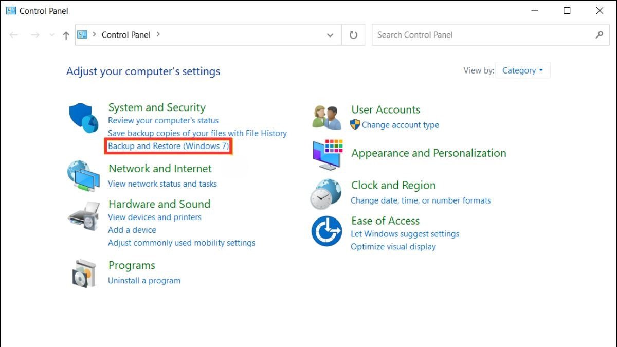 Các bước truy cập mục Backup and Restore trong Control Panel trên Dell