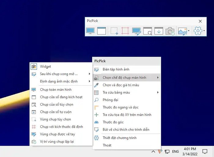 Các chế độ chụp ảnh màn hình khác nhau được cung cấp bởi phần mềm PicPick trên Win 11