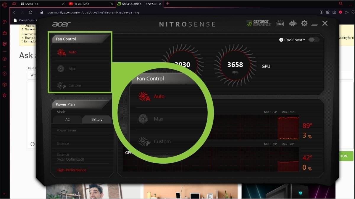 Các chế độ điều khiển quạt Auto, Max, Custom trong NitroSense