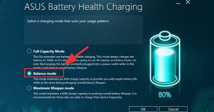 Các chế độ sạc pin laptop ASUS trong Balanced Mode
