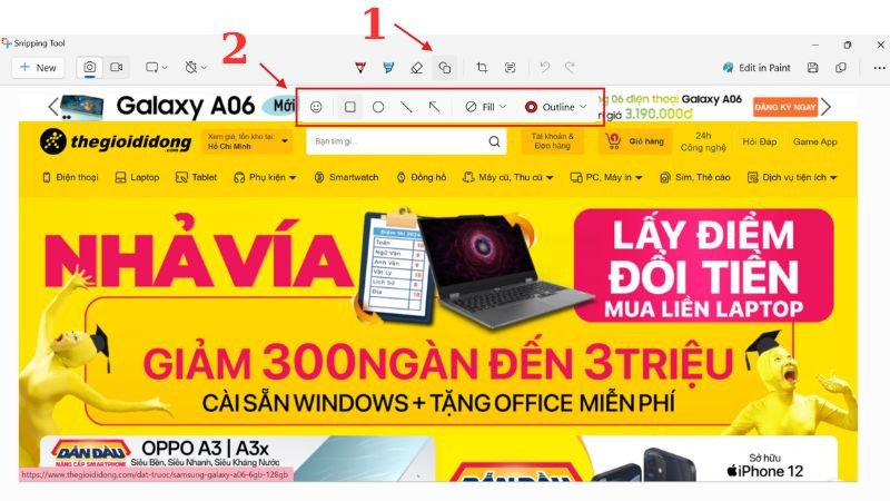 Các công cụ chỉnh sửa ảnh chụp màn hình trong Snipping Tool