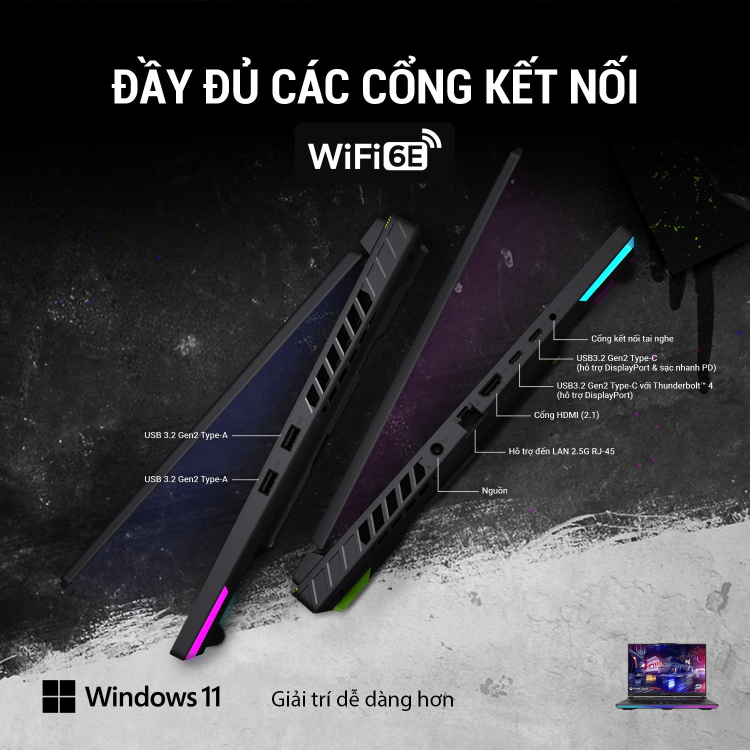 Các cổng kết nối đa dạng và hiện đại trên laptop Asus ROG Strix G16 G614JU-N3135W