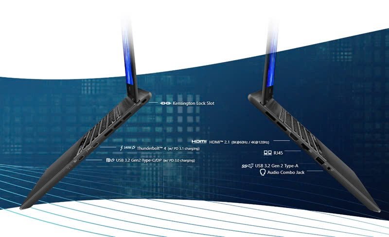 Các cổng kết nối vật lý đa dạng và tốc độ cao trên laptop MSI Prestige 14 AI Studio, hỗ trợ kết nối toàn diện với mọi thiết bị ngoại vi.