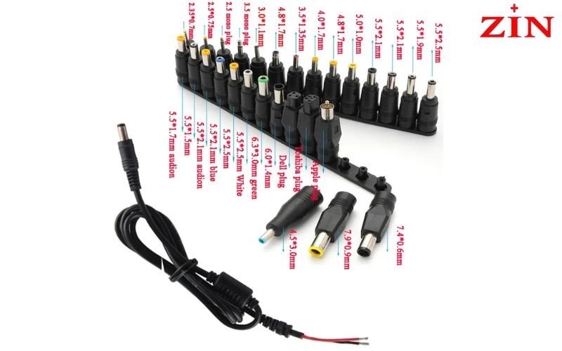 Các loại đầu cắm của cục sạc laptop Lenovo ThinkPad, bao gồm đầu tròn và đầu chữ nhật phổ biến.