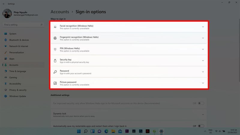 Các lựa chọn phương thức khóa màn hình Windows 11 bao gồm PIN, vân tay và khuôn mặt