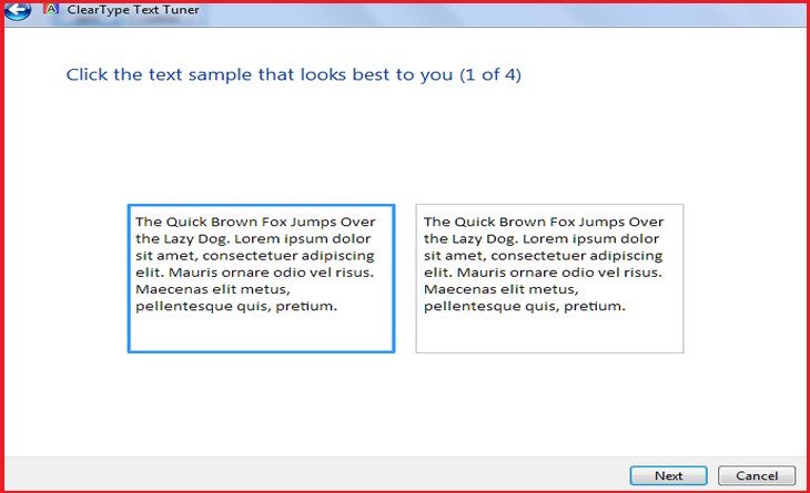 Các mẫu văn bản hiển thị trong ClearType Text Tuner, giúp người dùng lựa chọn cài đặt tối ưu cho việc đọc sau khi cân màu màn hình laptop.