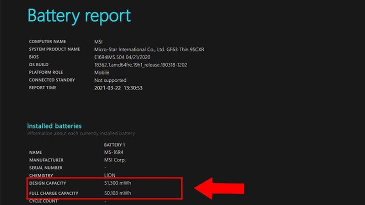 Các thông số trong báo cáo pin laptop, bao gồm Design Capacity và Full Charge Capacity