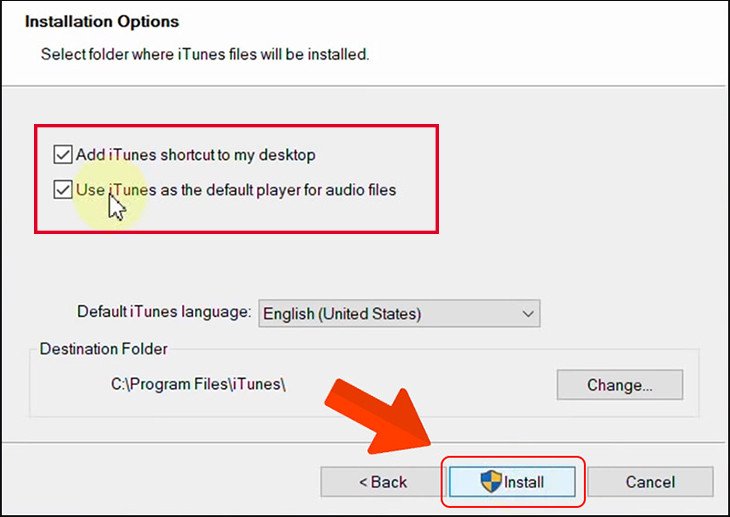 Các tùy chọn cài đặt iTunes, người dùng cần đánh dấu vào các ô thích hợp trước khi nhấn Install để hoàn tất việc chuẩn bị kết nối iPhone với laptop.