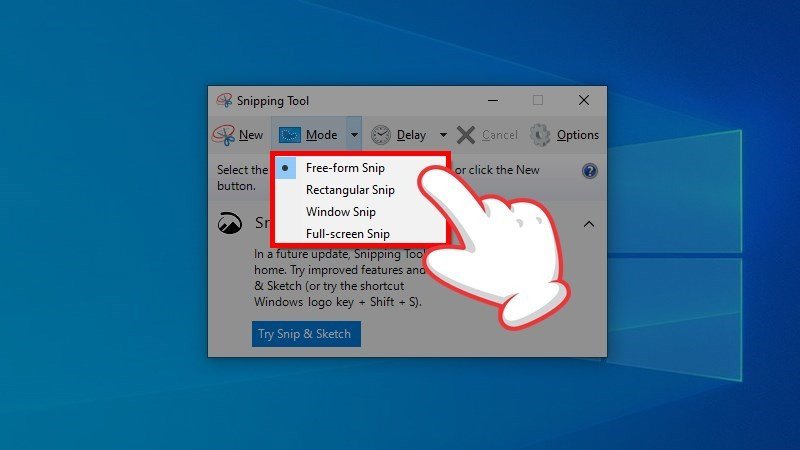 Các tùy chọn chế độ chụp của Snipping Tool: Free-form, Rectangular, Window, Full-screen Snip