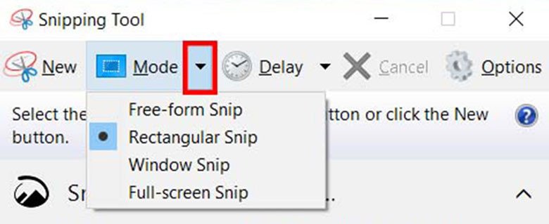 Các tùy chọn chế độ chụp màn hình Dell trong Snipping Tool, từ tự do đến toàn màn hình